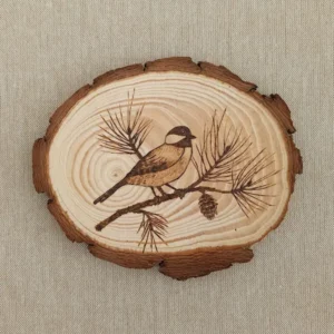 Exquisite “Tit on Pine Tree” Pyrography Décor – Bring Nature’s Beauty to Your Space