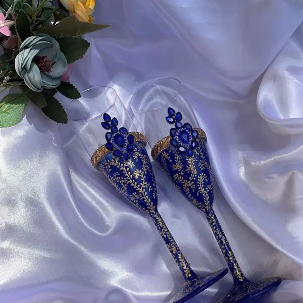 Exquisite Handmade Blue and Golden Wedding Glasses with Rhinestone Accents